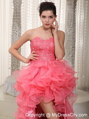 Watermelon A-line Sweetheart High-low Beading Prom Dress