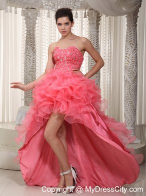 Watermelon A-line Sweetheart High-low Beading Prom Dress