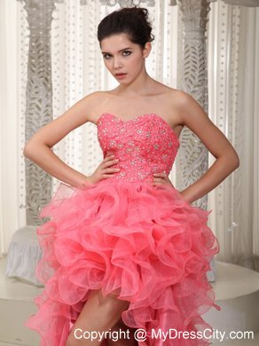 Watermelon A-line Sweetheart High-low Beading Prom Dress