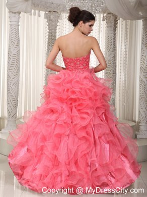 Watermelon A-line Sweetheart High-low Beading Prom Dress