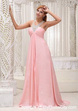 Baby Pink Scoop Chiffon Ruched Brush Train Prom Dress 2013