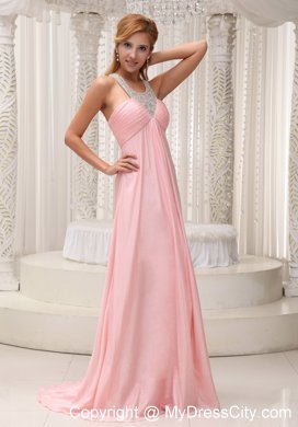 Baby Pink Scoop Chiffon Ruched Brush Train Prom Dress 2013