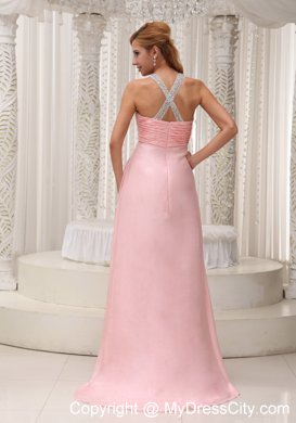 Baby Pink Scoop Chiffon Ruched Brush Train Prom Dress 2013