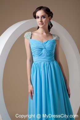 Square Baby Blue Chiffon Empire Brush Train Prom Dress Beaded