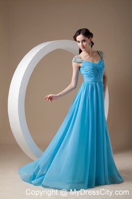 Square Baby Blue Chiffon Empire Brush Train Prom Dress Beaded