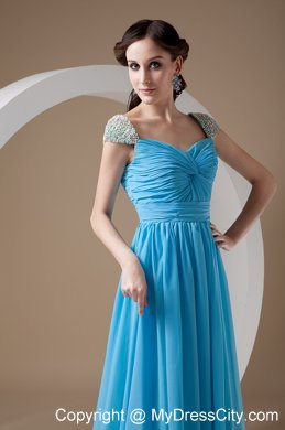 Square Baby Blue Chiffon Empire Brush Train Prom Dress Beaded