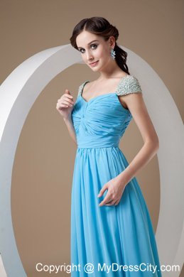 Square Baby Blue Chiffon Empire Brush Train Prom Dress Beaded