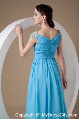 Square Baby Blue Chiffon Empire Brush Train Prom Dress Beaded