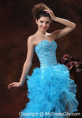 High-low Aqua Blue Prom Dress with Beadings and Ruffles