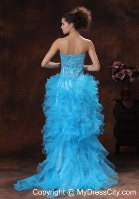 High-low Aqua Blue Prom Dress with Beadings and Ruffles