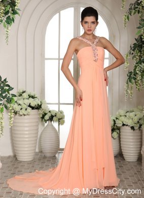 Beaded Straps Baby Pink Ruched Prom Dress with Court Train