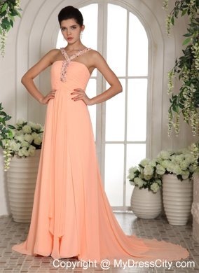 Beaded Straps Baby Pink Ruched Prom Dress with Court Train