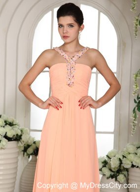 Beaded Straps Baby Pink Ruched Prom Dress with Court Train