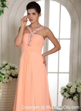 Beaded Straps Baby Pink Ruched Prom Dress with Court Train