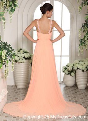 Beaded Straps Baby Pink Ruched Prom Dress with Court Train