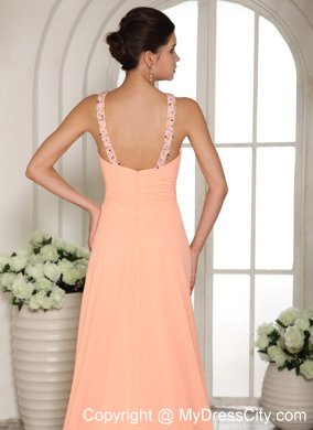 Beaded Straps Baby Pink Ruched Prom Dress with Court Train