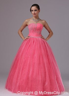 Coral Red Ball Gown Tulle Beaded Prom Dress For 2013