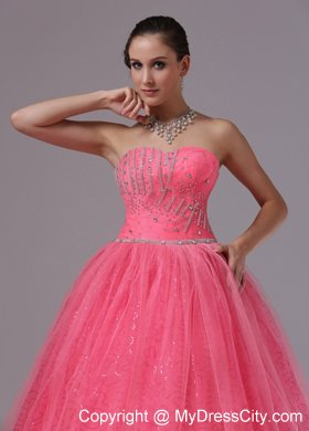 Coral Red Ball Gown Tulle Beaded Prom Dress For 2013