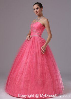 Coral Red Ball Gown Tulle Beaded Prom Dress For 2013