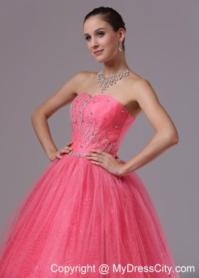 Coral Red Ball Gown Tulle Beaded Prom Dress For 2013