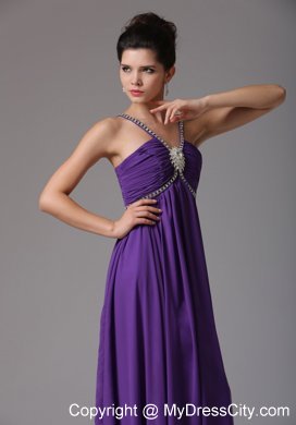 Spagetti Straps Empire Purplw Prom Dress with Ruche and Beads