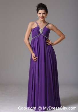 Spagetti Straps Empire Purplw Prom Dress with Ruche and Beads