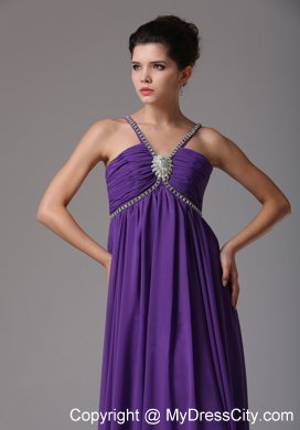 Spagetti Straps Empire Purplw Prom Dress with Ruche and Beads