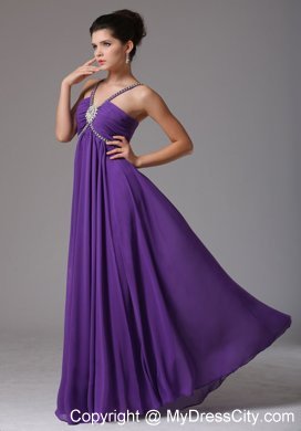 Spagetti Straps Empire Purplw Prom Dress with Ruche and Beads