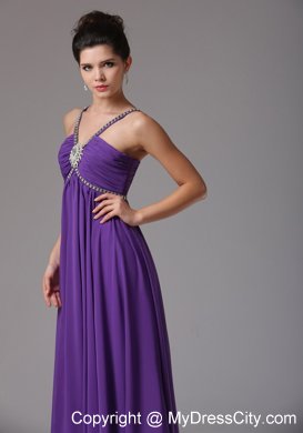 Spagetti Straps Empire Purplw Prom Dress with Ruche and Beads