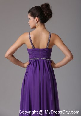 Spagetti Straps Empire Purplw Prom Dress with Ruche and Beads