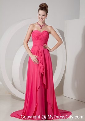 Chiffon Empire Coral Red Brush Sweetheart Prom Dress Cheap