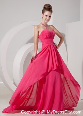 Chiffon Empire Coral Red Brush Sweetheart Prom Dress Cheap