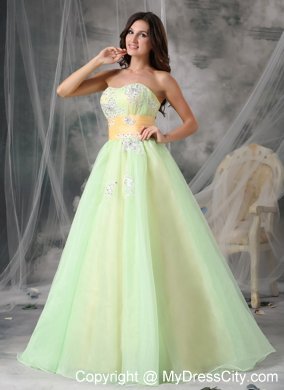 Yellow Green Organza Appliques A-line Prom Dress with Sash