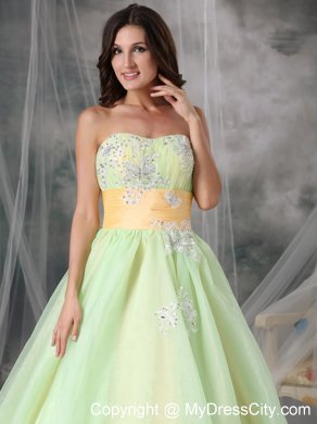 Yellow Green Organza Appliques A-line Prom Dress with Sash