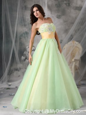 Yellow Green Organza Appliques A-line Prom Dress with Sash