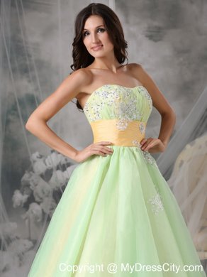 Yellow Green Organza Appliques A-line Prom Dress with Sash