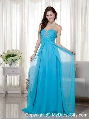 Brush Train Teal Chiffon Sweetheart Prom Dress Beaded 2013