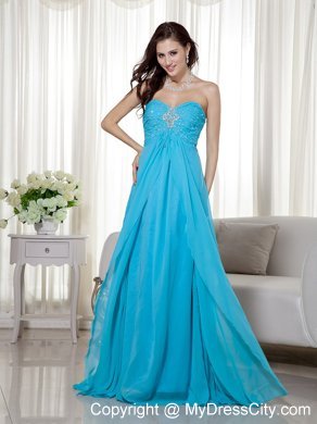 Brush Train Teal Chiffon Sweetheart Prom Dress Beaded 2013