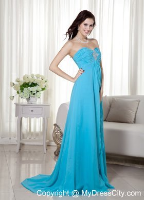 Brush Train Teal Chiffon Sweetheart Prom Dress Beaded 2013