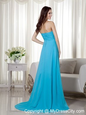 Brush Train Teal Chiffon Sweetheart Prom Dress Beaded 2013