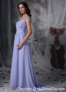 Lilac Straps Square Chiffon Beads Ruched Brush Prom Dress