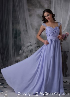 Lilac Straps Square Chiffon Beads Ruched Brush Prom Dress