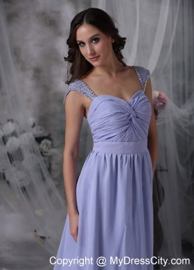 Lilac Straps Square Chiffon Beads Ruched Brush Prom Dress