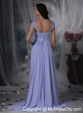 Lilac Straps Square Chiffon Beads Ruched Brush Prom Dress