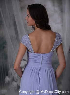 Lilac Straps Square Chiffon Beads Ruched Brush Prom Dress