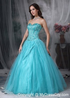 A-line Sweetheart Aque Blue prom Dress with Tulle Beading