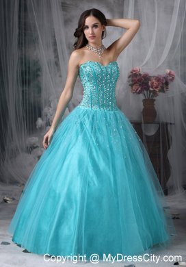 A-line Sweetheart Aque Blue prom Dress with Tulle Beading