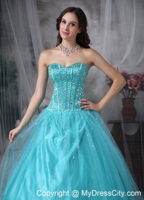 A-line Sweetheart Aque Blue prom Dress with Tulle Beading