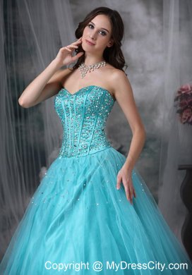 A-line Sweetheart Aque Blue prom Dress with Tulle Beading