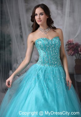 A-line Sweetheart Aque Blue prom Dress with Tulle Beading